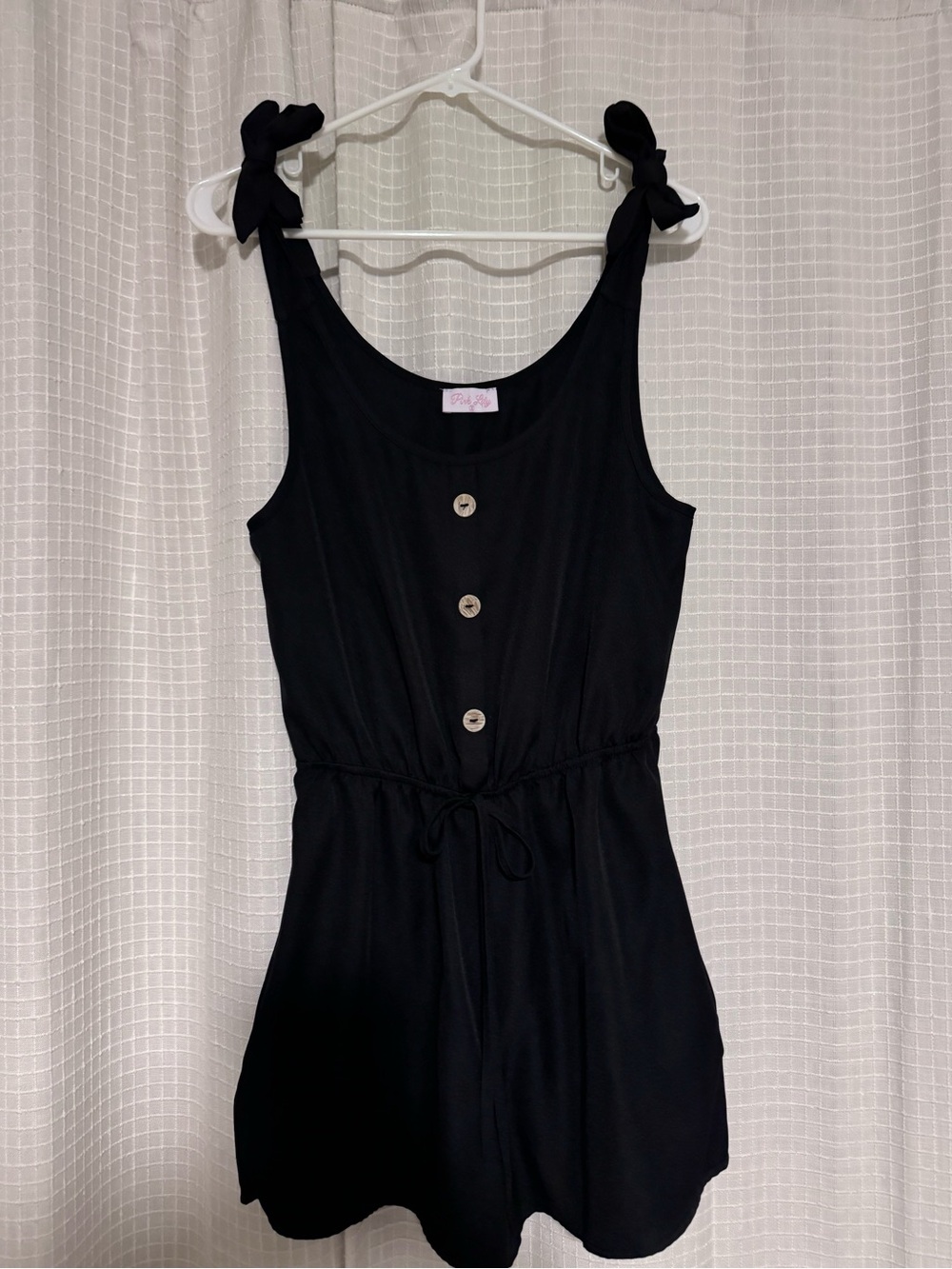 Pink Lily Black Tie-Shoulder Romper with Button Front